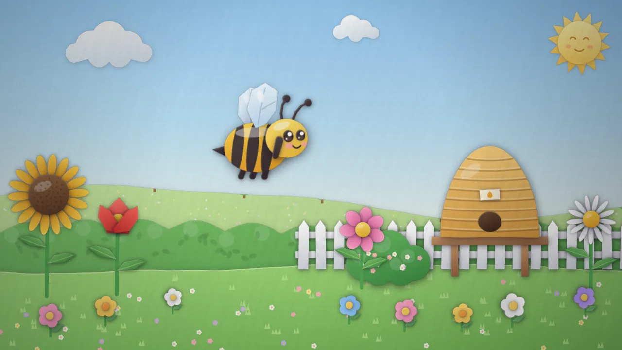 A meadow page with a paper bee flying towards a beehive past sunflowers and tulips