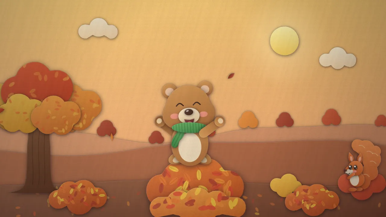 A page of Benny Bear's Big Yawn: a bear cub stretching in a pile of autumn leaves under a golden sky