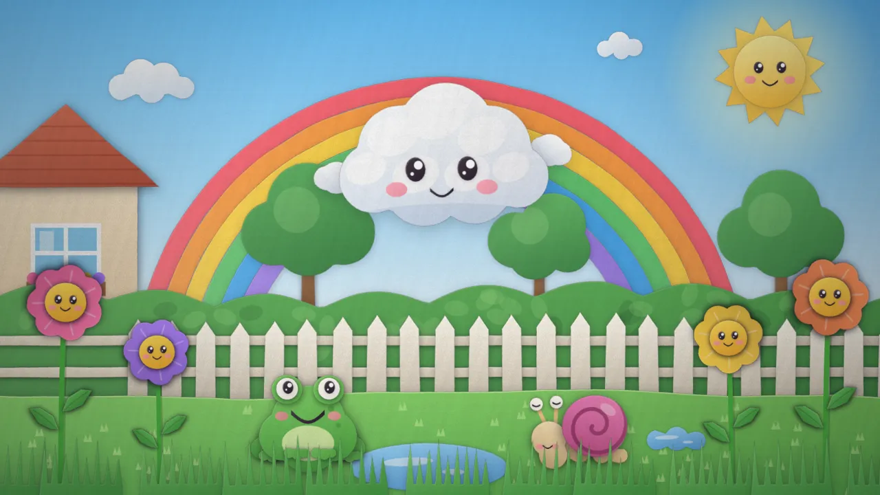 A page of Coco the Little Cloud: a smiling cloud in front of a rainbow over a garden of flowers and a frog